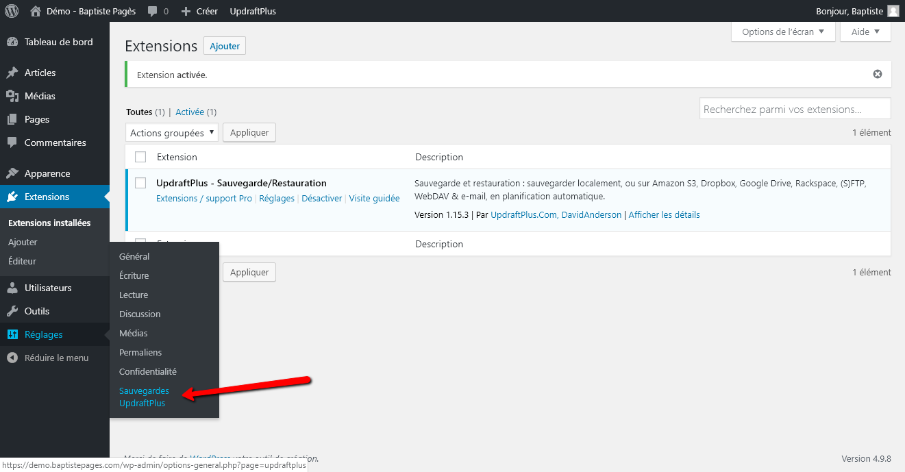 Réinstaller un site WordPress - Capture d'écran 3 - Sauvegarder avec Updraft