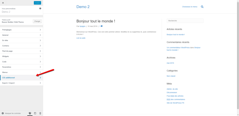Image montrant le panneau de personnalisation WordPress et le bouton "CSS additionnel"