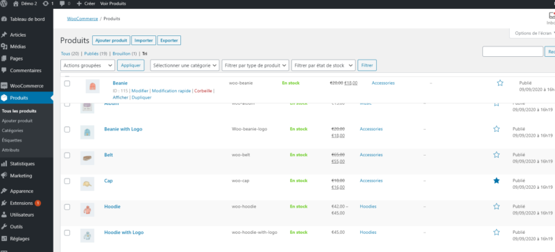 Capture d'écran : comment classer manuellement ses produits sur WooCommerce.