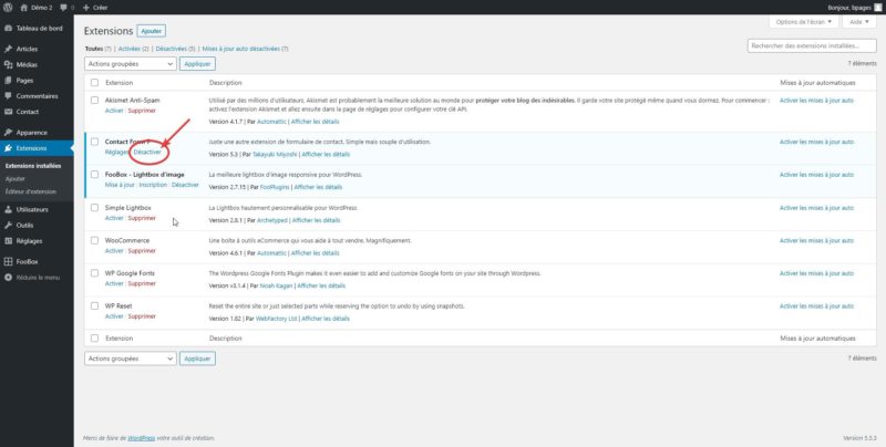 Capture d'écran qui montre comment désactiver une extension WordPress
