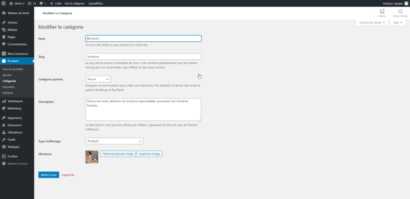 Interface de modification d'une catégorie de produit dans WooCommerce.