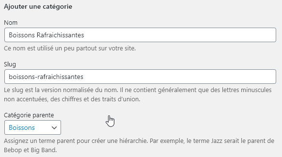 Capture d'écran expliquant comment créer une sous catégorie dans WooCommerce.