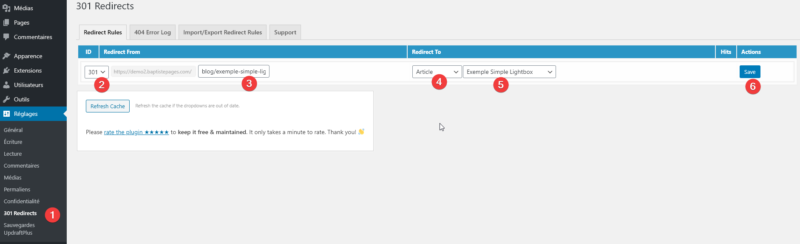 Capture d'écran détaillant les 6 étapes de la création d'une redirection 301 sur WordPress avec le plugin "301 redirects".