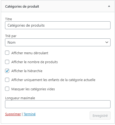 Capture d'écran des options du widget "Catégories de produit" de Woocommerce.