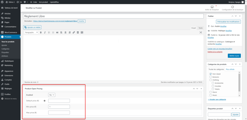 Capture d'écran du panneau de réglage de prix libre sur WooCommerce du plugin Product Open Pricing