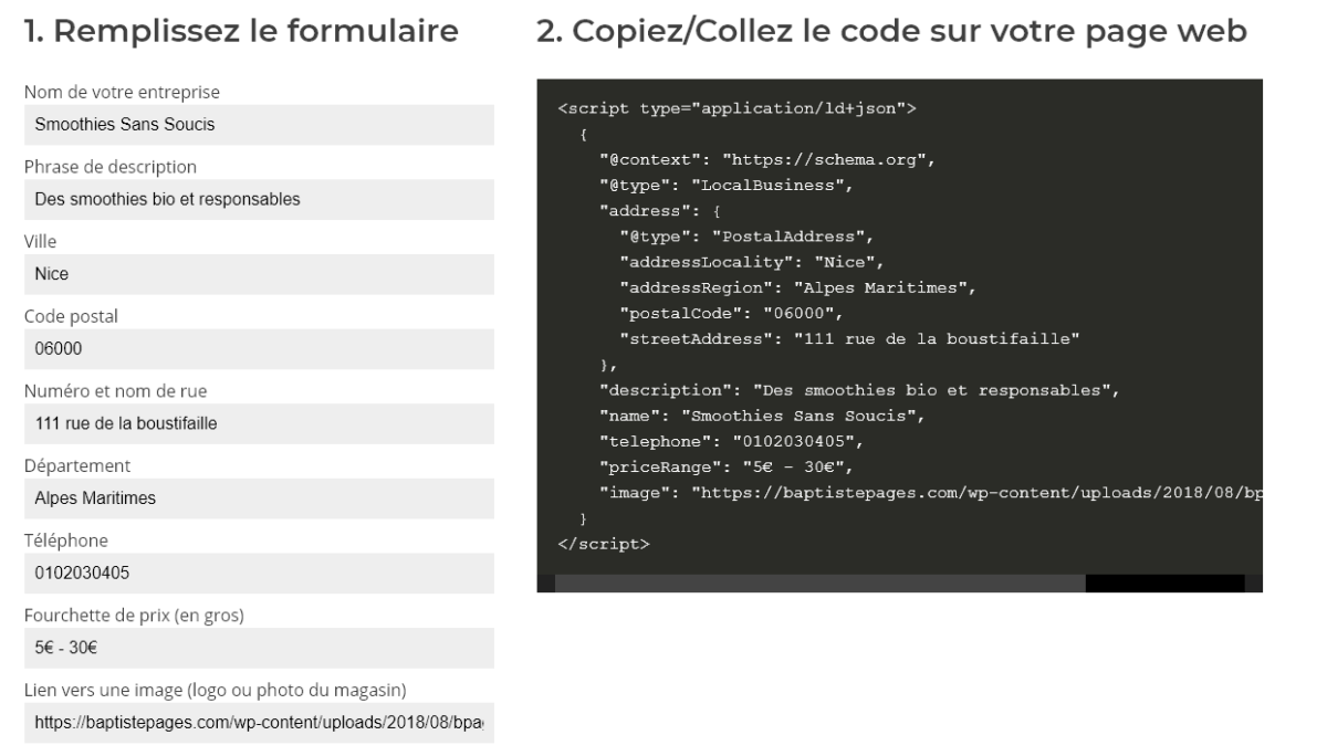 Capture d'écran d'un générateur de code schema.org Local Business
