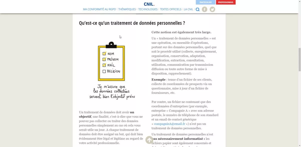 Capture d'écran d'une page web de la CNIL expliquant ce qu'est un traitement des données personnelles.