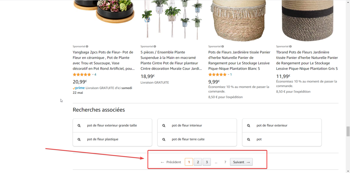 Capture d'écran de la pagination de produits utilisée par Amazon.