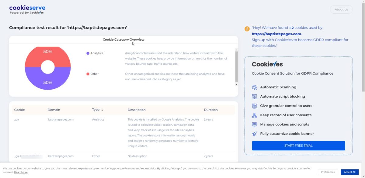 Capture d'écran d'un résultat d'analyse de CookieServe, qui nous permet de vérifier les cookies installés par Google Analytics et ainsi de vérifier notre conformité RGPD.