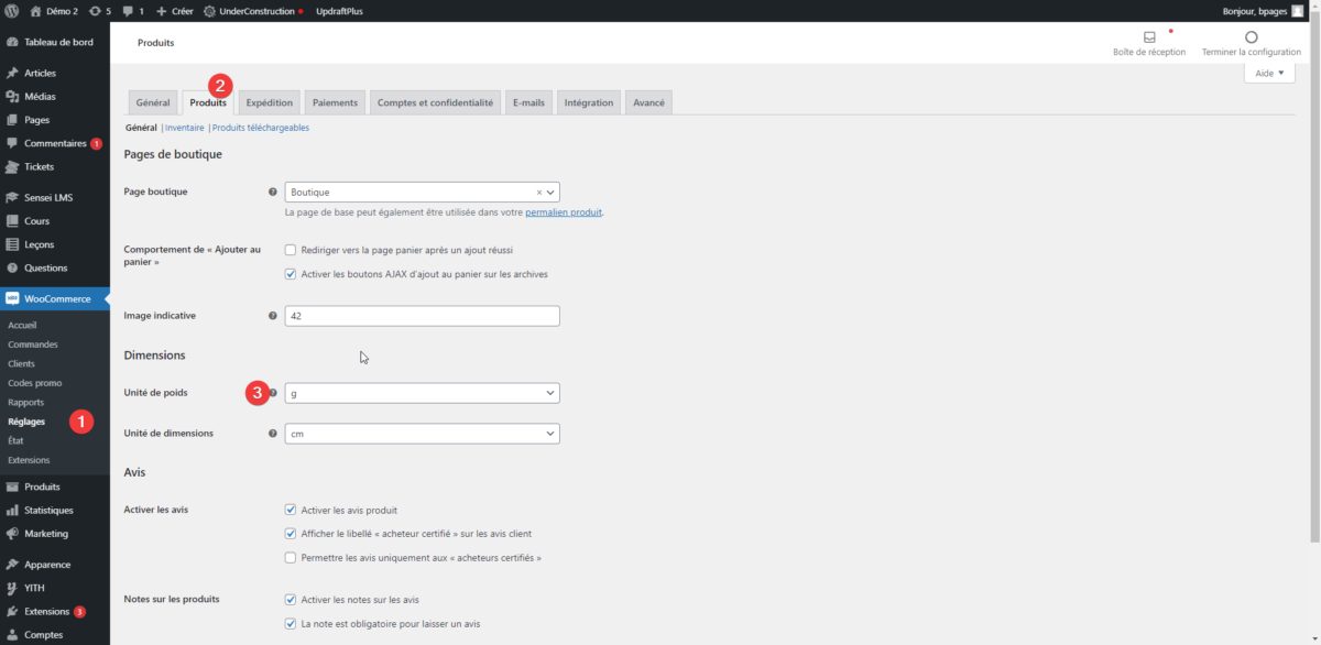 Capture d'écran montrant comment changer l'unité de mesure du poids dans WooCommerce.