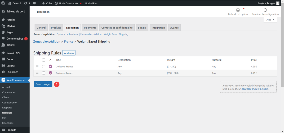 Créer une grille tarifaire de livraison en fonction du poids dans WooCommerce : étape 5