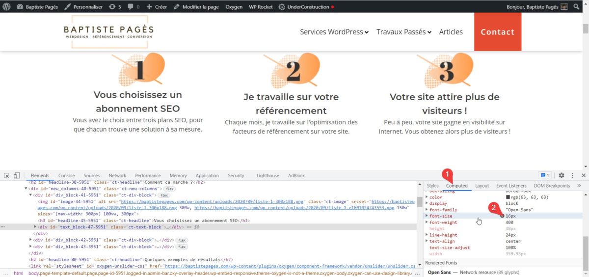 Capture d'écran montrant comment trouver la taille de police d'un site WordPress sur Google Chrome.