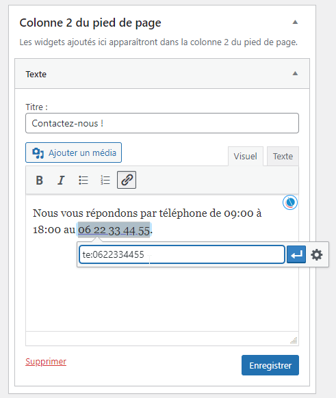 Capture d'écran de la création d'un numéro de téléphone cliquable sur WordPress dans l'interface des widgets