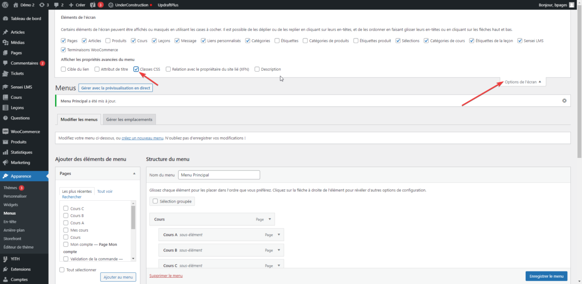 Activer les classes CSS dans un menu WordPress