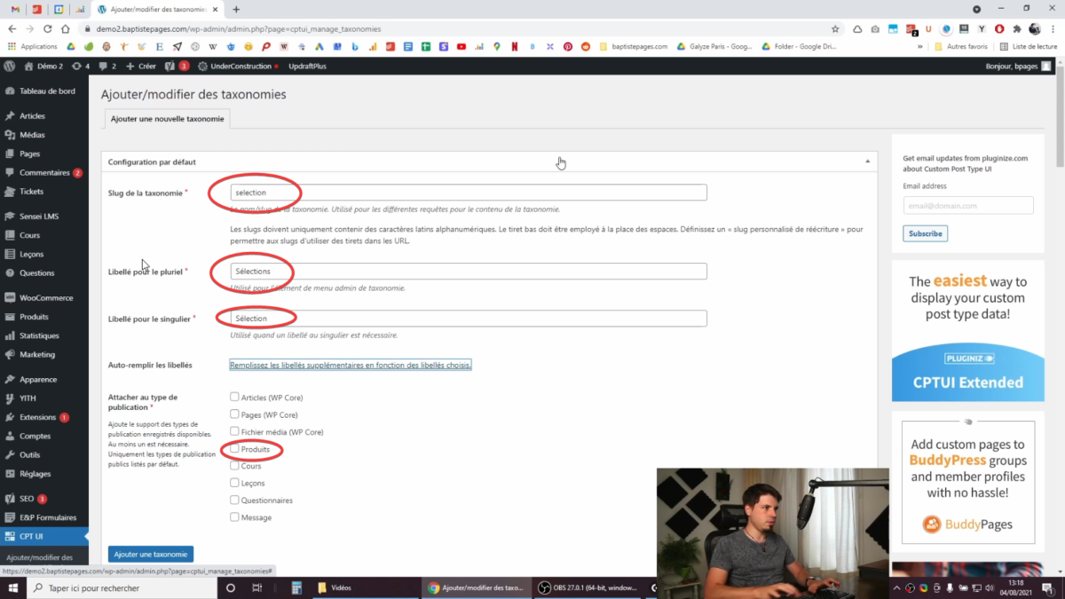 Configurer une taxonomie personnalisée dans WooCommerce avec CPTUI