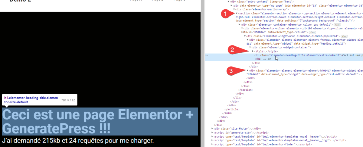 Oxygen VS Elementor : code HTML généré par Elementor