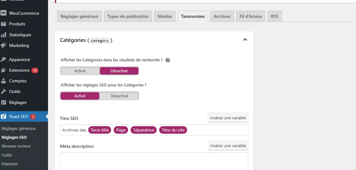 capture d'écran montrant comment supprimer les catégories de blog du sitemap xml de yoast SEO