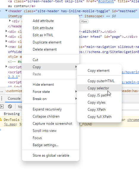 Modifier la couleur du menu WordPress : Copier le sélecteur dans Google Chrome