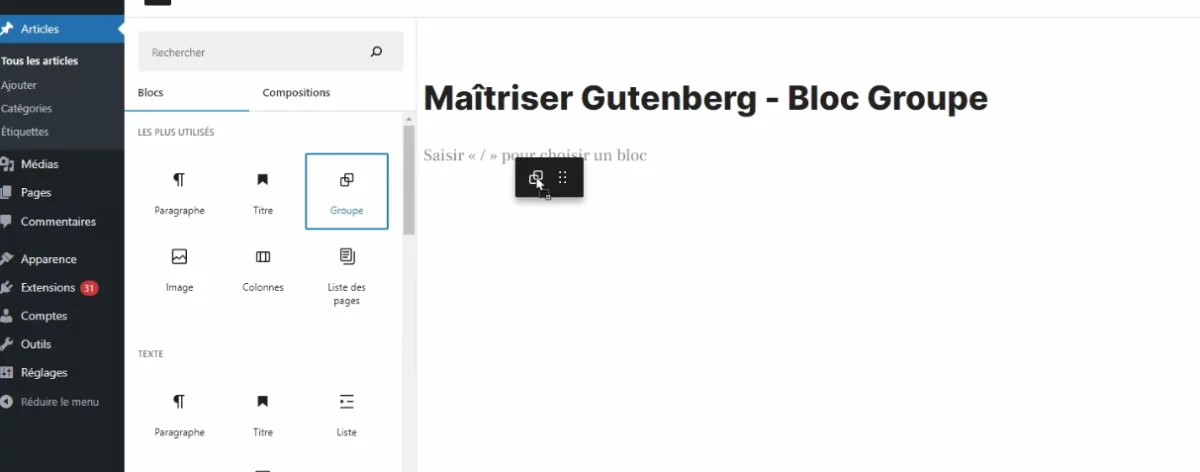 Capture d'écran montrant comment ajouter un bloc groupe Gutenberg vide dans le contenu d'une page WordPress.